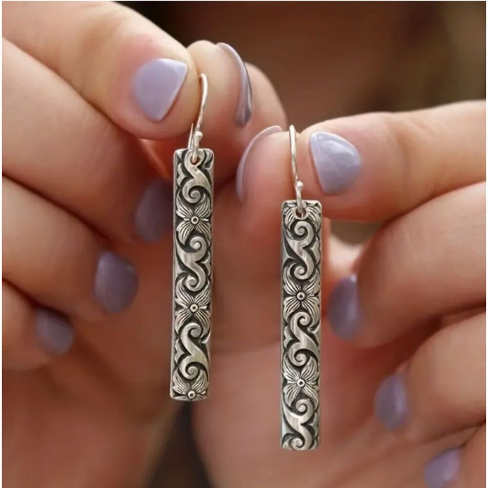 Half Barrel Embossed Silver Bar Earrings French Wire Etched